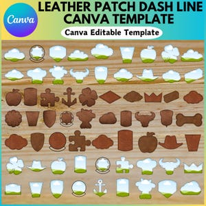 May include: A set of 48 leather patch templates for use with Canva. The templates feature a variety of shapes, including clouds, stars, hearts, anchors, and more. The templates are designed to be used for creating custom leather patches.