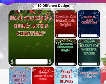 May include: A template for Christmas money holders with ten different designs. Each design features a festive background with holiday-themed text such as "Merry Little Christmas" and "Santa's Special Delivery". The templates include a space for money.