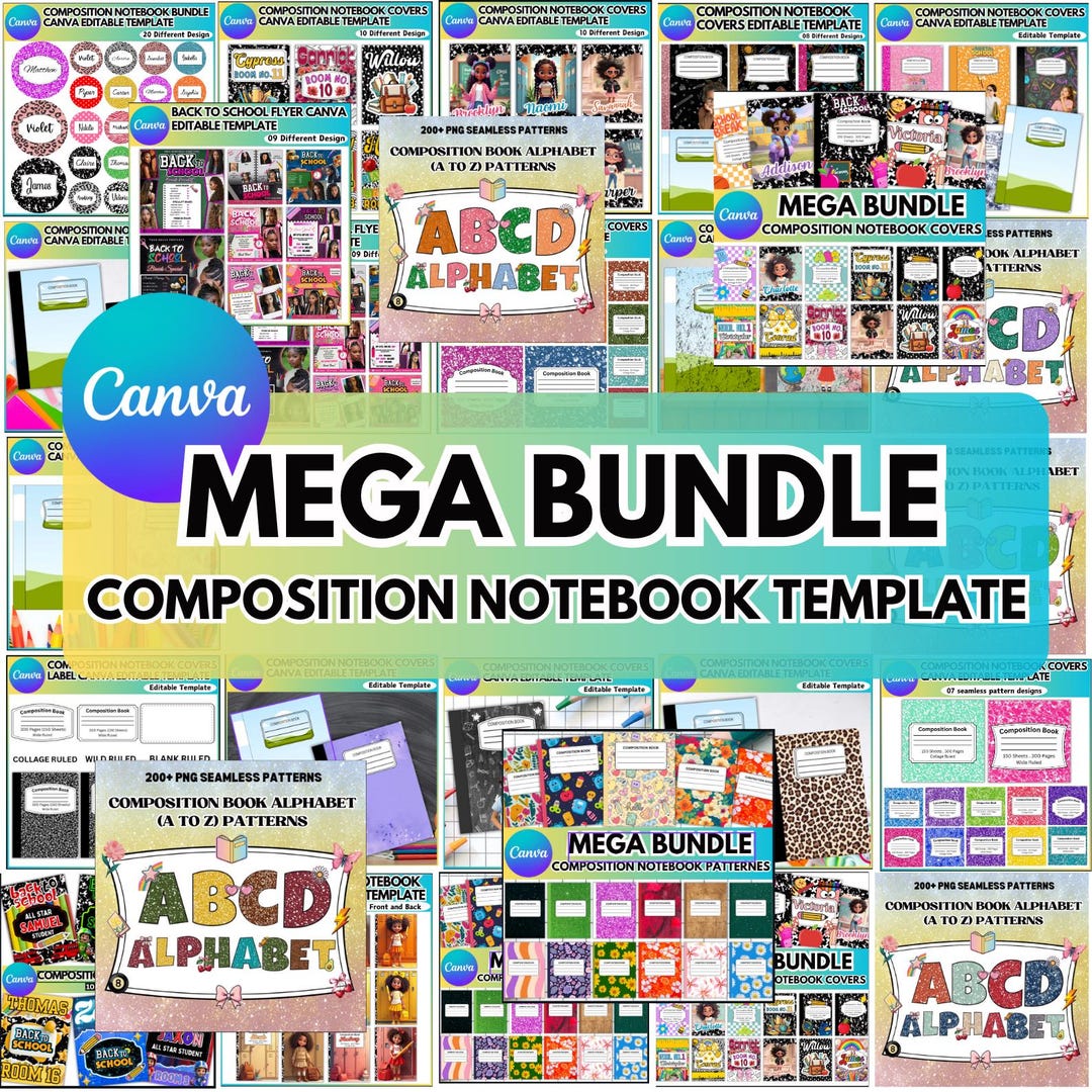 Composition Note Book Covers Canva Mega Bundle, Notebook Label Template ...