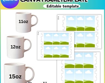 Modelli di tazze a involucro completo, modelli di tazze Canva da 11 oz, 12 oz, 15 oz, modello di tazza, modello di tazze per sublimazione, file modificabili Canva