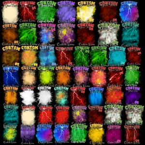 May include: A grid of colorful custom designs on a black background. Each design features a unique color scheme with the word "CUSTOM" and space for text. Lightning bolt graphics and other effects are included.