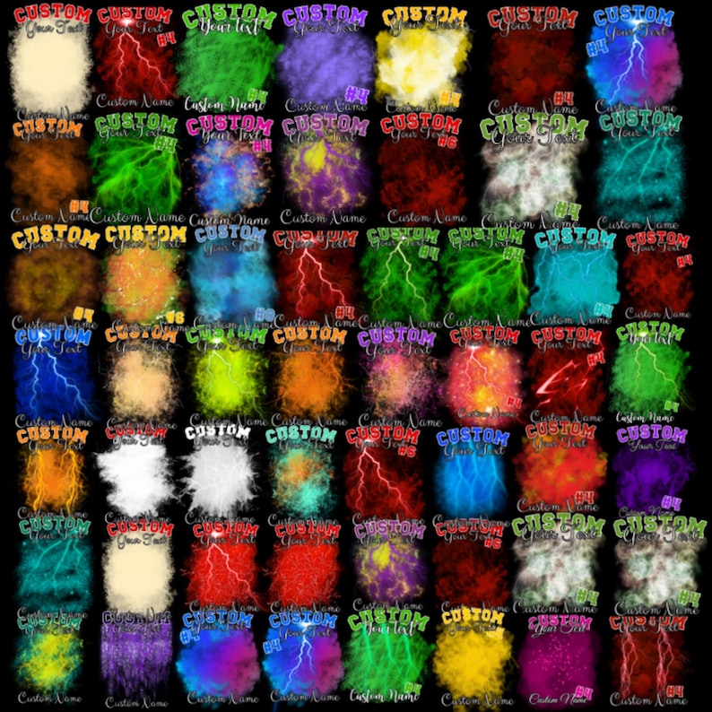 May include: A grid of colorful custom designs on a black background. Each design features a unique color scheme with the word "CUSTOM" and space for text. Lightning bolt graphics and other effects are included.