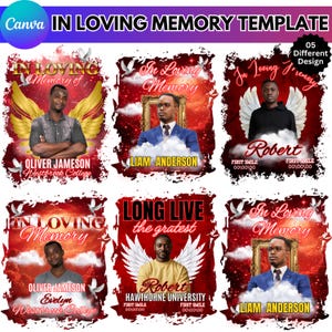 Puede incluir: Un diseño de plantilla conmemorativa con el texto "IN LOVING MEMORY" en rojo y blanco. El diseño incluye imágenes de personas, alas de ángel, palomas y marcos decorativos. La plantilla es para fines conmemorativos.