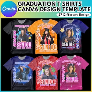 May include: Six different graduation t-shirt designs featuring a colourful background with the text "Congratulations" and "Class of 2025 Senior" with a photo of a graduate in a cap and gown.