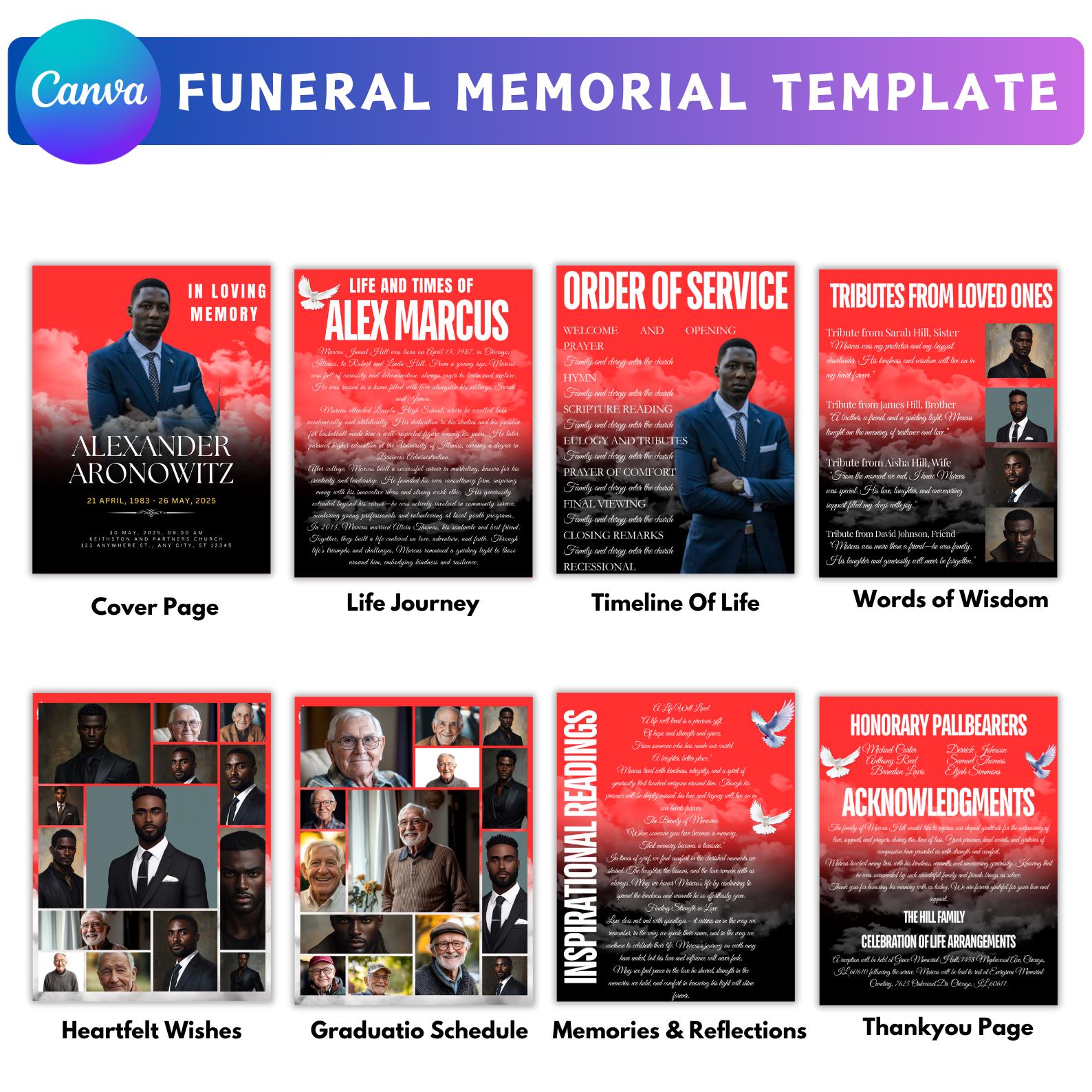 Red Funeral Program Canva Template, Obituary Design, 8 Page Editable ...