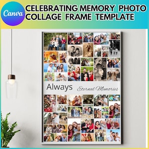 May include: A collage photo frame template with a white background and a gray border. The frame is filled with photos of a family, with the text "Always Eternal Memories" at the bottom.