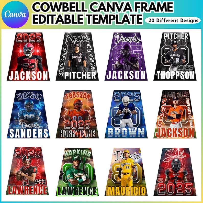 May include: A digital template design for a cowbell, featuring 12 different football player graphics. Each design includes a player's name, number, and the year 2025, with various color schemes and team logos. The text "COWBELL CANVA FRAME EDITABLE TEMPLATE" is at the top.
