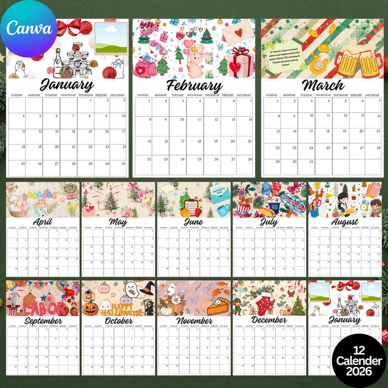 2026 Canva Calendar Template, Editable Monthly Calendar, Printable ...
