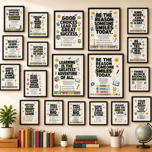 May include: A collection of seventeen framed wall posters featuring motivational text and colourful illustrations of school supplies, books, and icons. The prints are arranged in a gallery wall layout, each with a black frame and white background.