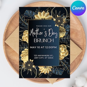 Carte d'invitation pour le brunch fête des mères, modèle modifiable sur toile, carte pivoine personnalisée, invitation au brunch fleurs, téléchargement numérique