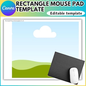 Puede incluir: Una plantilla de alfombrilla de ratón rectangular con el texto "RECTANGLE MOUSE PAD TEMPLATE" y "Editable template". La imagen muestra un paisaje con cielo azul, una nube blanca y colinas verdes. Una alfombrilla de ratón negra y un ratón blanco están en la esquina inferior derecha.