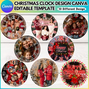 May include: A collection of Christmas clock designs with family photos, featuring Roman numerals and the text "Happy Christmas." The clocks are round and have a festive theme, with a Canva editable template.