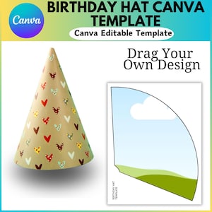 May include: A printable birthday hat template with a brown and white pattern of hearts. The template is designed to be used with Canva and includes instructions to drag and drop your own design.