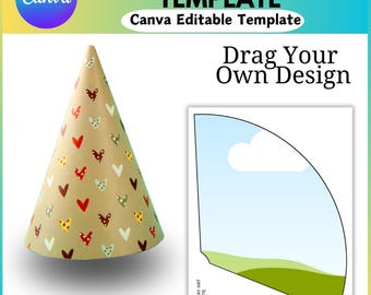 May include: A printable birthday hat template with a brown and white pattern of hearts. The template is designed to be used with Canva and includes instructions to drag and drop your own design.