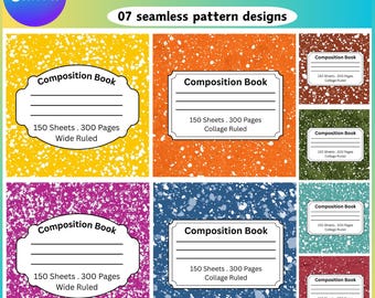 Könnte beinhalten: Eine Sammlung von Notizbuchumschlägen mit verschiedenen gesprenkelten Mustern in Gelb, Orange, Lila und Blau. Jeder Notizbuchumschlag hat ein weißes Etikett mit den Worten "Composition Book" und Angaben zur Anzahl der Blätter und Seiten.