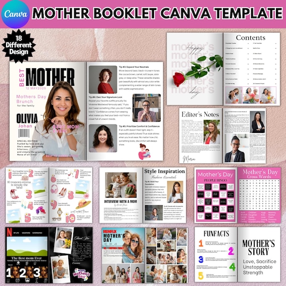 Mother Day Booklet Canva Editable Template, Printable Mother Day Design, Booklet Mom Designs, Crossword Reflection Pages, Mom Magazine