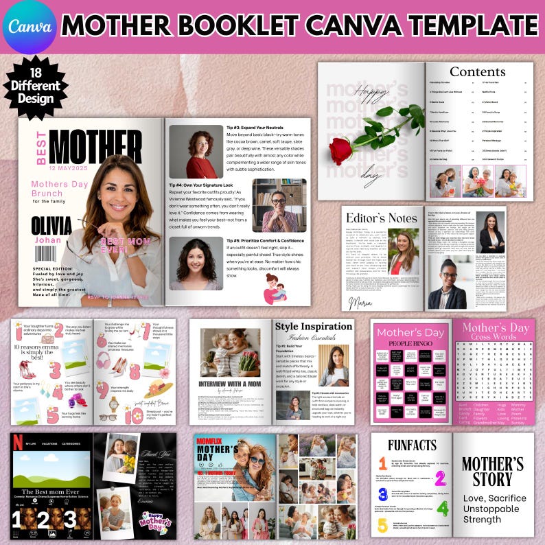 May include: A pink and white booklet template for Mother's Day. The cover features a photo of a woman with the text "Best Mom Ever". The booklet includes pages with different designs, such as a bingo card, a crossword puzzle, and a page with the text "Mother's Story: Love, Sacrifice, Unstoppable Strength".