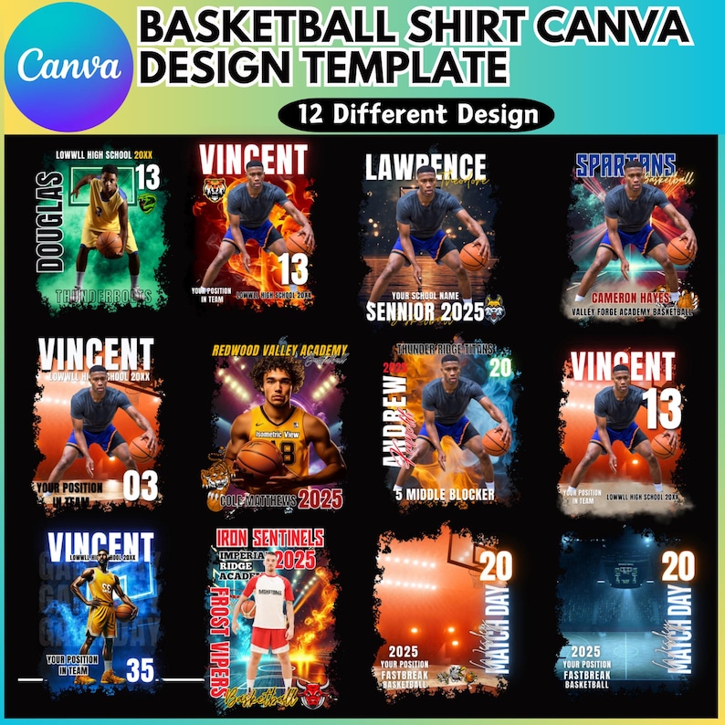 Puede incluir: Doce dise&ntilde;os diferentes de camisetas de baloncesto con un jugador de baloncesto en cada dise&ntilde;o. Los dise&ntilde;os incluyen diferentes nombres de equipo, nombres de jugadores y n&uacute;meros. Los dise&ntilde;os son de varios colores y estilos.