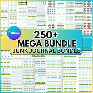 May include: A digital art graphic with a Canva logo and text that reads "250+ MEGA BUNDLE JUNK JOURNAL BUNDLE". The image is a collection of digital junk journal elements, including frames, windows, and landscape scenes, in a grid layout.