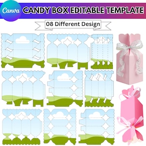 Puede incluir: Imagen que muestra una plantilla editable de caja de caramelos con ocho diseños diferentes. La plantilla presenta un diseño de paisaje con cielos azules, nubes blancas y campos verdes. También se muestran dos cajas de caramelos rosas ensambladas con cintas.
