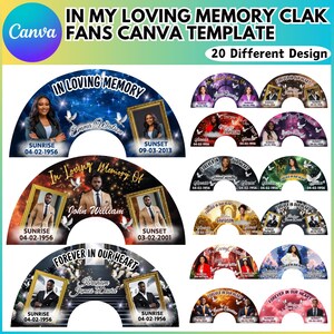 May include: A Canva template design featuring fan-shaped memorial graphics. Each fan includes a photo, name, and dates, with phrases like "In Loving Memory" and "Forever in Our Heart." The design offers 20 different options.