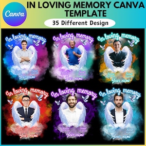 May include: Six digital templates for memorial tributes. Each template features a photo of a person with angel wings and a colorful background. The text "In loving memory" is displayed at the top of each template. The text "Sunrise Sunset" is displayed at the bottom of each template. The text "Your name" is displayed at the bottom of each template.
