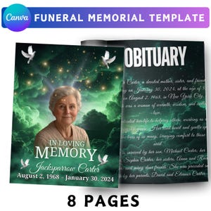 May include: A funeral memorial template with a photo of a woman, text that reads "In Loving Memory" and "Obituary". The template has a green and blue background with doves. The text "8 Pages" is at the bottom.