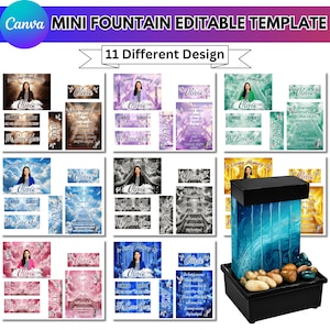 May include: A black mini fountain with a blue water feature and a black base. The image shows 11 different memorial design templates with the name "Olivia" and the phrases "Sunrise", "Sunset", and "We Love You". The text "Canva Mini Fountain Editable Template" is at the top.