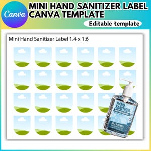 May include: A Canva template for mini hand sanitizer labels. The design includes a sheet of labels with a landscape design and a bottle of hand sanitizer. The hand sanitizer bottle is clear with a white pump and contains the text "Hand Sanitizer Anti-Microbial".
