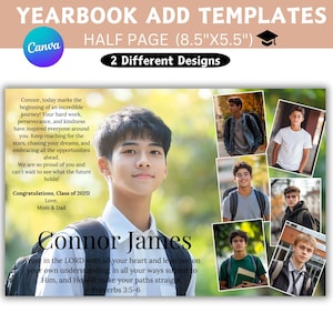 May include: A yearbook page template with a collage of photos of a young man. The template is designed for a half page, measuring 8.5 inches by 5.5 inches. The text on the page reads "Connor James" and includes a quote from Proverbs 3:5-6: "Trust in the LORD with all your heart and lean not on your own understanding; in all your ways submit to Him, and He will make your paths straight."