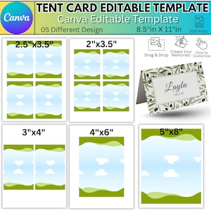 May include: A Canva editable tent card template with five different designs. The template includes various sizes: 2.5"x3.5", 2"x3.5", 3"x4", 4"x6", and 5"x8". The design features a sky and landscape theme, with a sample card displaying a name.