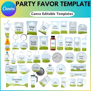 May include: A collection of party favour templates featuring various items such as coffee mugs, chip bags, juice bottles, keychains, food pouches, gable boxes, tumblers, paper plates, pin badges, hoodies, lids, chocolate bars, car coasters, and more. The templates are designed with a blue and green colour scheme and feature a cloud and hill design.