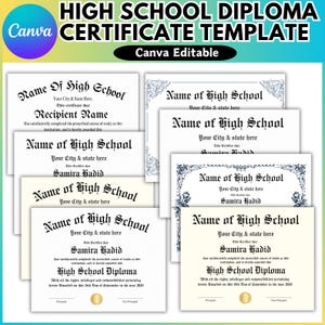May include: A set of six printable high school diploma templates in black and white with ornate borders. The templates are customizable with the name of the school, city, state, recipient name, and date. The text "High School Diploma" is included on each template.