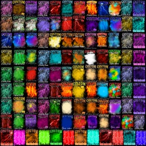 May include: A grid of colorful graphic designs with the word "CUSTOM" in a stylized font. Each design features a unique background with lightning bolts, flames, or abstract patterns. The text "Custom Name" is also visible.