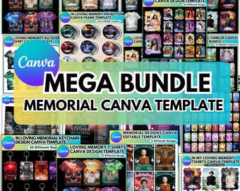 Megapaquete conmemorativo editable en Canva, paquete de camisetas conmemorativas para funerales, camisetas con estampado completo, llaveros funerarios, botones conmemorativos y vasos.