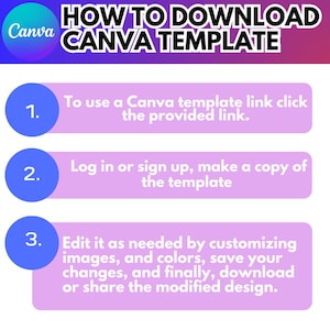 May include: A graphic with instructions on how to download a Canva template. The image features a purple and blue gradient background with the Canva logo. Steps include clicking a link, logging in, and customizing the template.