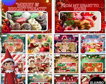 May include: A set of 15 jumbo treat cards with festive designs. Each card showcases a different holiday treat, like biscuits and sweets, with space for "From:" and "To:" labels. Ideal for gifting during the holiday season.