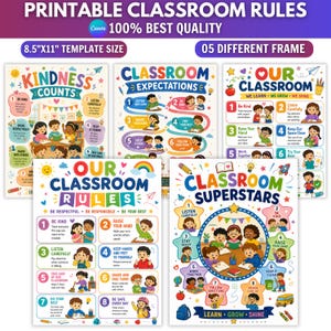 Puede incluir: Un conjunto de cinco pósteres escolares imprimibles con ilustraciones coloridas de niños y texto educativo. Los pósteres incluyen títulos como Kindness Counts, Classroom Expectations, Our Classroom, Our Classroom Rules y Classroom Superstars.