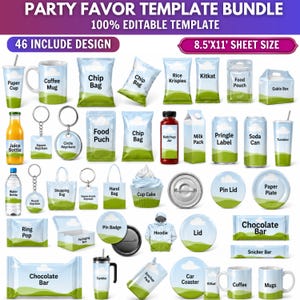 Party Favor Mockup Bundle, Canva Editable Mockup Templates, Chip Bag, Juice Pouch, Chocolate Bar & Water Bottle Mockups