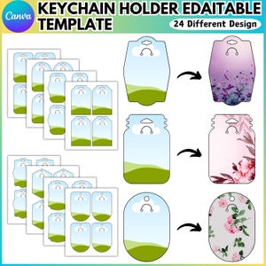 May include: A digital template for keychain holders with a variety of designs. The image shows multiple sheets of white paper with different keychain holder shapes. The holders feature a sky and grass design, with examples of floral patterns. Text on the image reads "KEYCHAIN HOLDER EDAITABLE TEMPLATE".