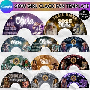 May include: A Canva template featuring 15 different designs for cowgirl clack fans. Each design is a semi-circular shape with text and graphics, including cowboy boots, cowgirls, and the name "Olivia". The designs use various color schemes.