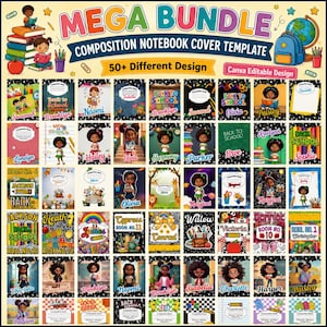 Pode incluir: Um pacote digital com mais de 50 modelos de capas para cadernos de composição, apresentando personagens de desenhos animados, material escolar e temas de volta às aulas. O gráfico inclui o texto Mega Bundle, Composition Notebook Cover Template e Canva Editable Design.