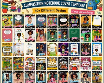 May include: A digital mega bundle of over 50 composition notebook cover templates featuring diverse cartoon characters, school supplies, and back-to-school themes. The graphic includes the text Mega Bundle, Composition Notebook Cover Template, and Canva Editable Design.