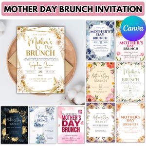 Carte d'invitation pour le brunch fête des mères, modèle modifiable sur toile, carte pivoine personnalisée, invitation au brunch fleurs, téléchargement numérique