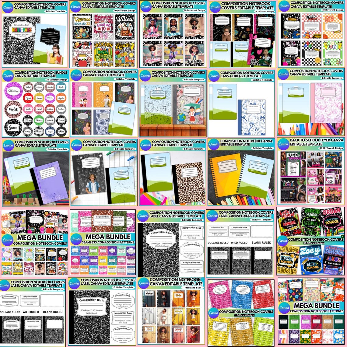 Composition Note Book Covers Canva Mega Bundle, Notebook Label Template ...