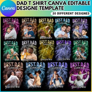 May include: A promotional image for customizable "Dad" t-shirt designs. The image showcases 20 different designs with fathers and children, each featuring the text "BEST DAD" and space for custom names and text. Lightning bolt graphics are used as a background.