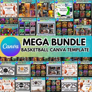 May include: A digital collage of basketball-themed Canva templates for creating posters, certificates, and t-shirt designs. The templates feature various basketball-related images, text, and graphics, including players, courts, and trophies. The collage is labeled "MEGA BUNDLE BASKETBALL CANVA TEMPLATE".