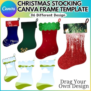 Könnte beinhalten: Sechs verschiedene Weihnachtsstrumpf-Designs für eine Canva-Rahmenvorlage. Die Designs beinhalten einen blauen Strumpf mit Sternen und dem Wort "Merry", einen grünen Strumpf mit einer Schneeflocke, einen roten Strumpf mit weißen Punkten, einen roten Strumpf mit Glitzerfinish, einen blauen Strumpf mit weißen Wolken und grünem Gras und einen blauen Strumpf mit weißen Wolken und grünem Gras.