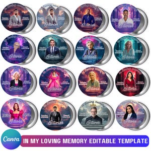 May include: A collection of round memorial keepsakes with portraits of various people. Each keepsake features the text "In Loving Memory" and the name "Olivia" along with dates. The background has a celestial design.