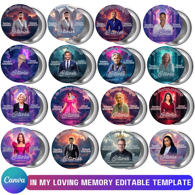 May include: A collection of round memorial keepsakes with portraits of various people. Each keepsake features the text "In Loving Memory" and the name "Olivia" along with dates. The background has a celestial design.